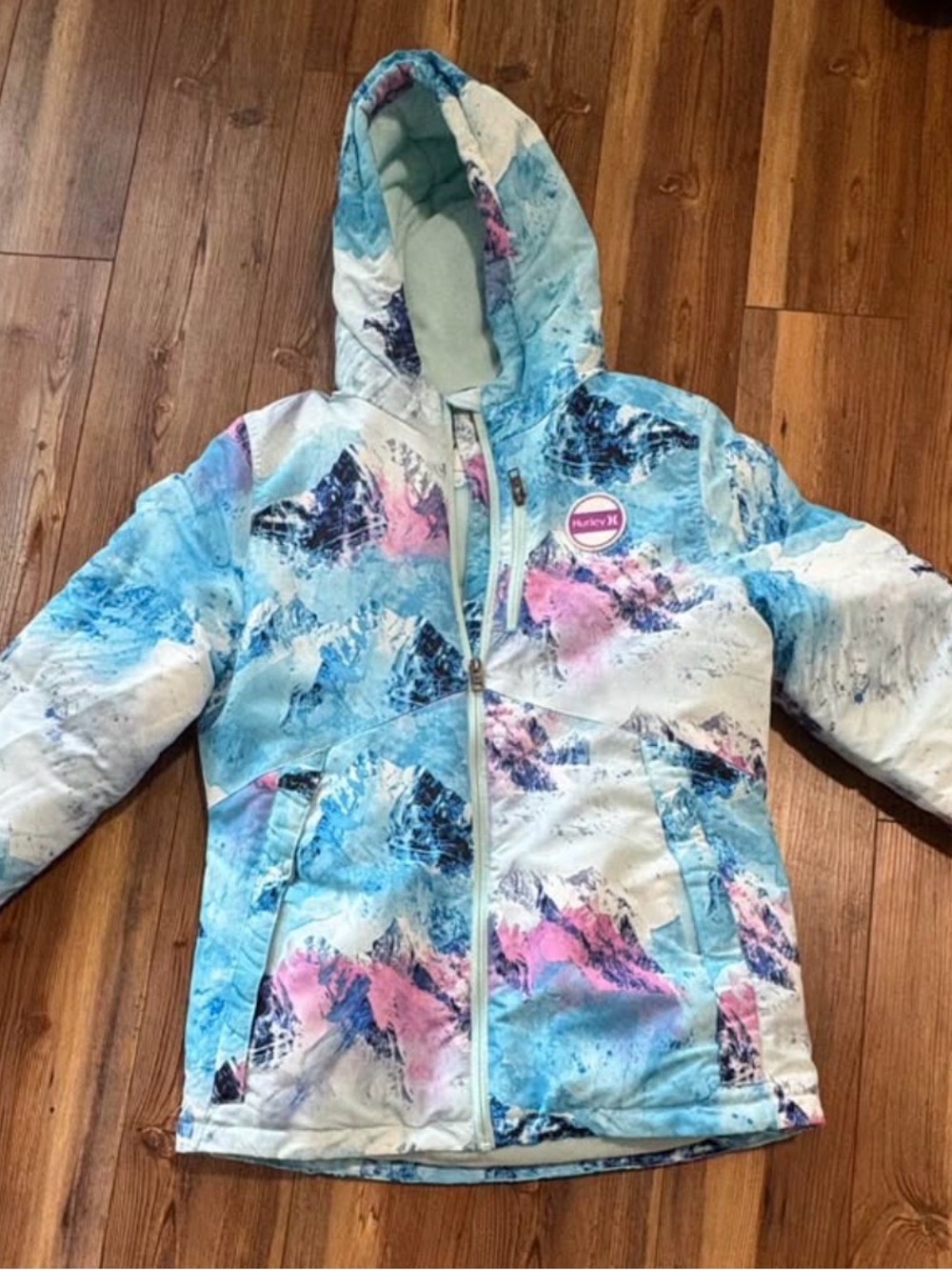 Hurley Blue & Pink Mountain-Print Hooded Ski Jacket - Size 10/12